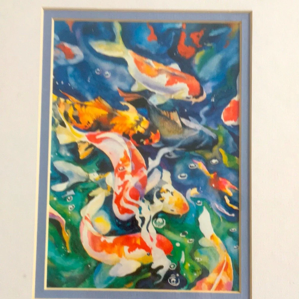 Framed Koi Fish Colourful Water Painting Print by Tracy Reid 1991 - Oak Frame - Picture 6 of 14